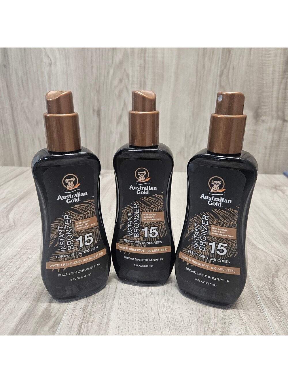 New Lot Of 3 Australian Gold Instant Bronzer Spray Gel Sunscreen SPF 15 - 8 floz
